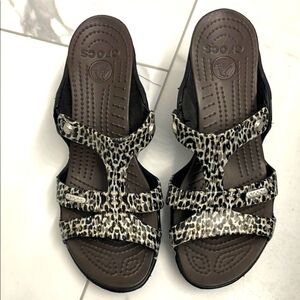 CROCS Black and Brown Sandals with Animal Print